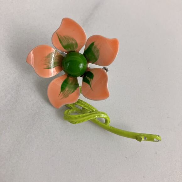 Vintage Enamel Flower Brooch, Orange Green, Mid Century 40s 50s 60s - Picture 2 of 7